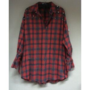 Kontrol Contemporary Womens Medium Pearl Embellished Red Plaid Shirt Casual
